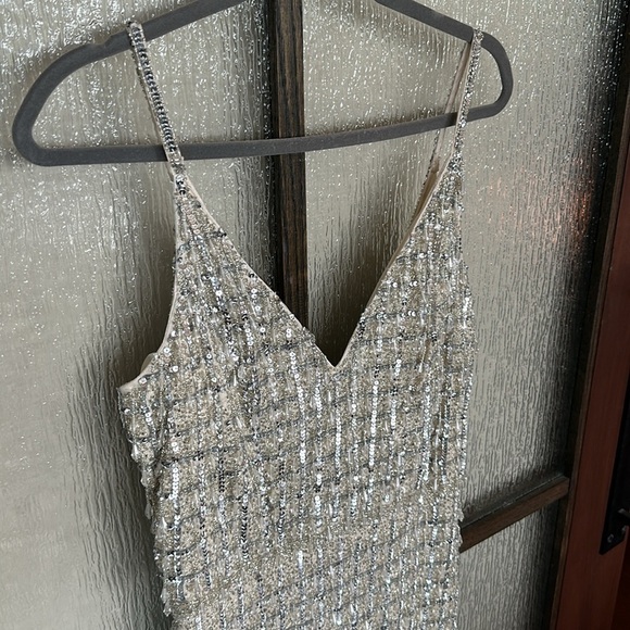 MAC DUGGAL 5394 BEAD EMBELLISHED COLUMN NUDE/SILVER GOWN sz 10 - Picture 10 of 16